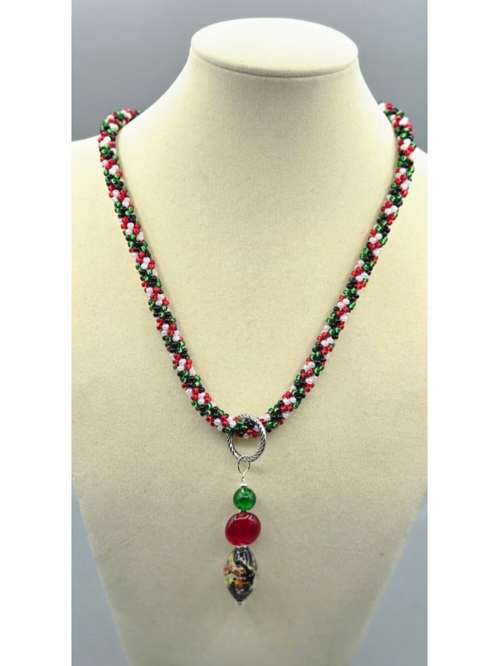 Kumihimo 20" Necklace Red Green Black White Medium Seed Beads with Bead Pendant